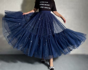 Plus size Blue sequined skirt,Double layered mesh holiday skirt,Retro Versatile Black skirt,Handmade wedding party skirt,Custom Tulle Skirt