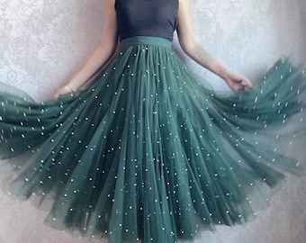 Classic Pearl Embellished Tulle Skirt, A-Line zipper mesh tulle skirt,Vintage Large Swing Dark Green Tulle Skirt,Festive Skirt,Custom Skirt