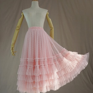 Romantic Layered Tulle Maxi Dress, Pink Dot Tulle Skirt, Handmade Stretch High Waist Skirt, Ruffled Fairy Tulle Skirt, Custom Tulle Skirt