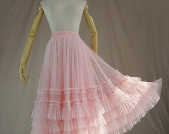 Romantic Layered Tulle Maxi Dress, Pink Dot Tulle Skirt, Handmade Stretch High Waist Skirt, Ruffled Fairy Tulle Skirt, Custom Tulle Skirt