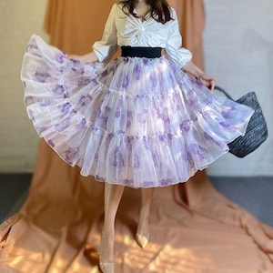 Traum lila Chiffon Blumen Rock,Frühlings und Sommer Romantischer Organza Rock,Super flauschiger Rock, Rock nach Maß, Abend Tüll Rock, Geschenk für Sie