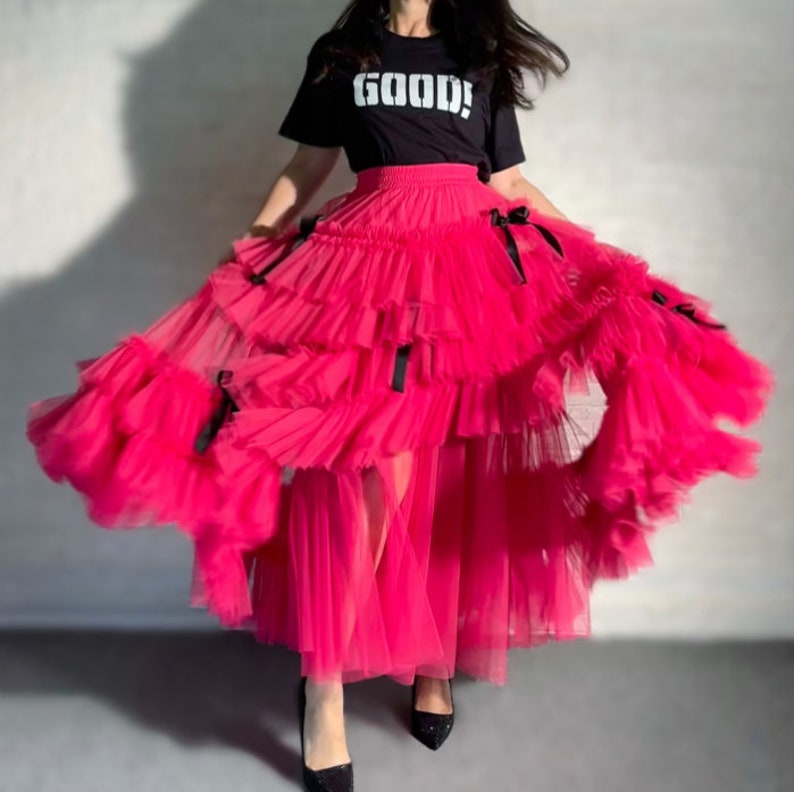 Front Short Back Long Tail Style,Black bow adult tulle skirt,Beach Photoshoot Skirt,Irregular ruffled cake skirt,Mesh tulle with Train image 2