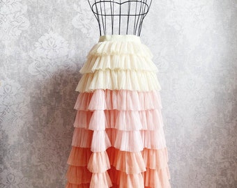 May include: A tiered tulle skirt with a gradient of colors, starting with a light cream color at the top and transitioning to a peach color at the bottom.