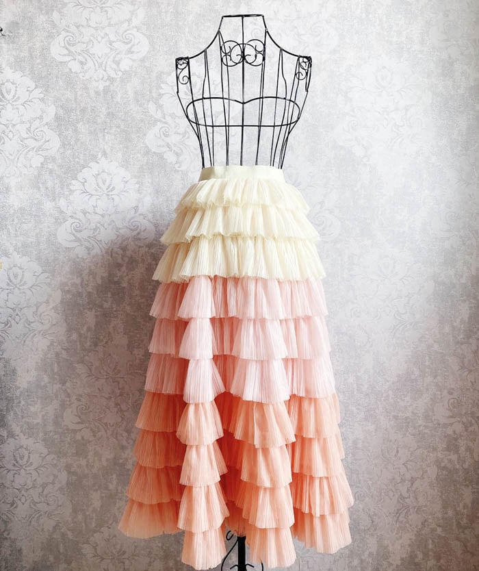 Romantic Layered Rainbow Pleated Tulle Maxi Skirt, Gradient Mesh