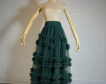 Handmade Ruffled Tulle Maxi Skirt: High Waist Festival Skirt