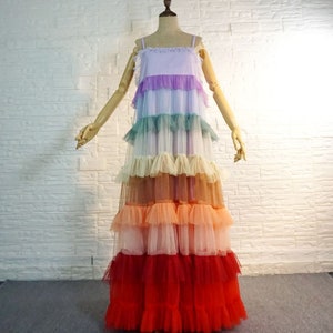 Romantic layered tulle dress,Rainbow mesh dress,Suspender resort beach dress,Ruffled rainbow dress,Handmade dress,Custom tulle dress