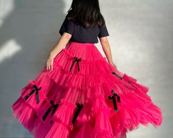 Front Short Back Long Tail Style,Black bow adult tulle skirt,Beach Photoshoot Skirt,Irregular ruffled cake skirt,Mesh tulle with Train