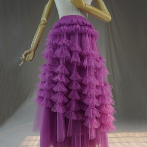 Falda larga de tul en capas románticas, falda de malla de tul de talla grande, falda de fiesta hecha a mano, falda de tul de hadas con volantes, falda de boda, falda de tul personalizada