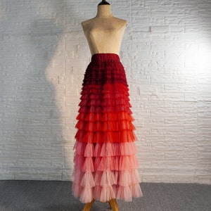 Tiered Ruffled  Red gradient Pleated Tulle Skirt, Ruffled Fairy skirt,Bridal skirt,Custom tulle skirt,Women Super Swing Skirt