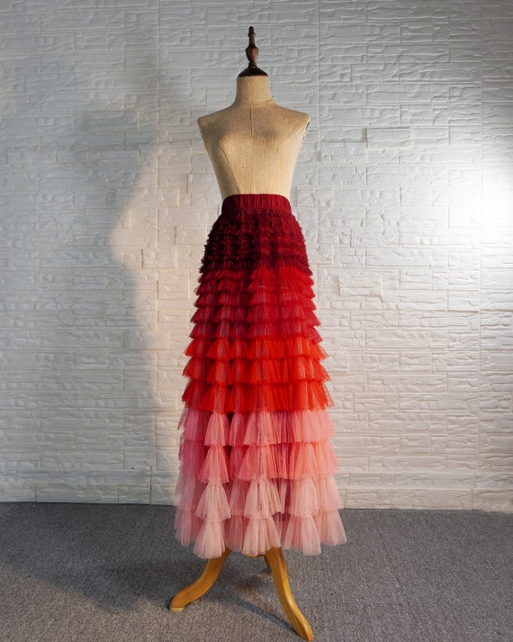 Red Gradient Tiered Tulle Skirt: Ruffled Fairy Bridal Skirt