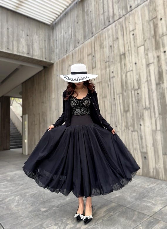 Black High-waisted Pleated Tulle Midi Skirt：plus Size Ball Skirt