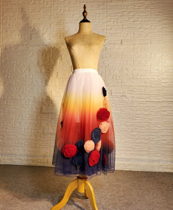 Floral Tulle Skirt Gradient A-Line High Waist, Women's Gift