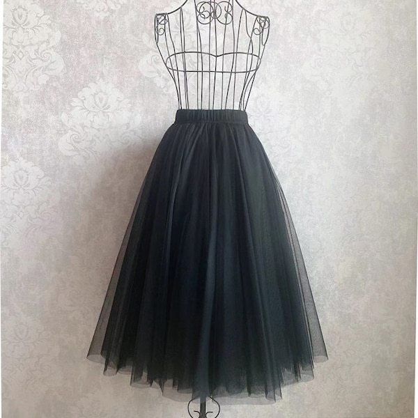 Classic tulle skirt,Women A-line Elastic High waist skirt,Retro wild black princess skirt,Five layers tulle skirt,Custom tulle skirt