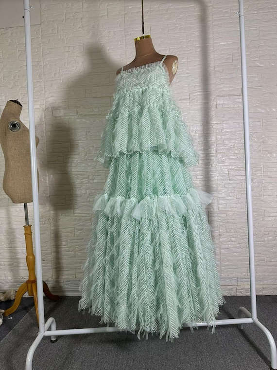 mint green tiered dress Glitter Tulle Maxi Spaghetti Strap Ruffle Long Party Dress SOLDESETE26