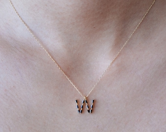 Monogram W, Alphabet, Initial Necklace, Letter  Necklace 925 Sterling Silver GOLD /ROSEGOLD / SILVER plated with black cubic zirconia