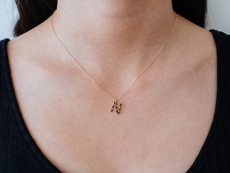 Monogram N, Alphabet, Initial Necklace, Letter Necklace 925 Sterling Silver GOLD /ROSEGOLD / SILVER plated with black cubic zirconia image 1