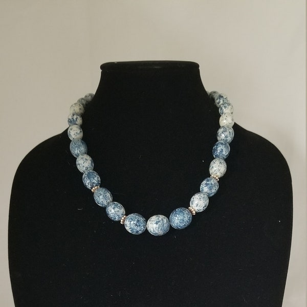 Vintage Retired Lady Remington Blue / White Beaded Necklace and Matching Pierced Earrings Signed Tag Costume Jewelry