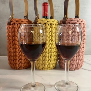 Handmade Crochet Wine Carrier With Leather Handle - Etsy