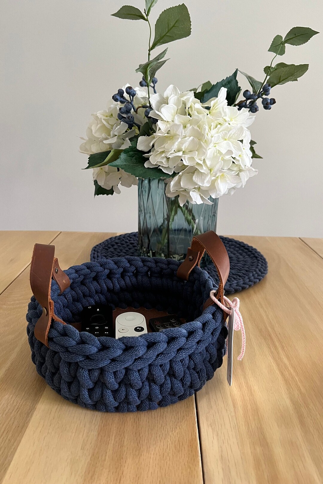 8 Handmade Chunky Crochet Basket, Round Crochet Basket, Wood Bottom Basket, Leather Handle