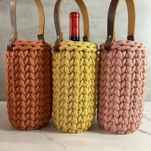 Handmade Crochet Wine Carrier With Leather Handle - Etsy