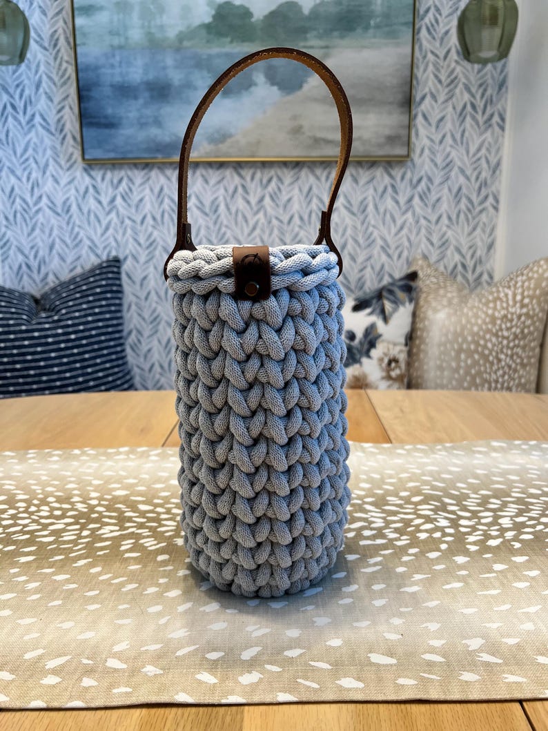 Wine Bottle Carrier, Handmade Crochet Chunky Wine Carrier With Wood ...