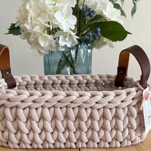Handmade chunky crochet basket, Oval crochet basket, Wood bottom basket, Leather handle basket, Made to order