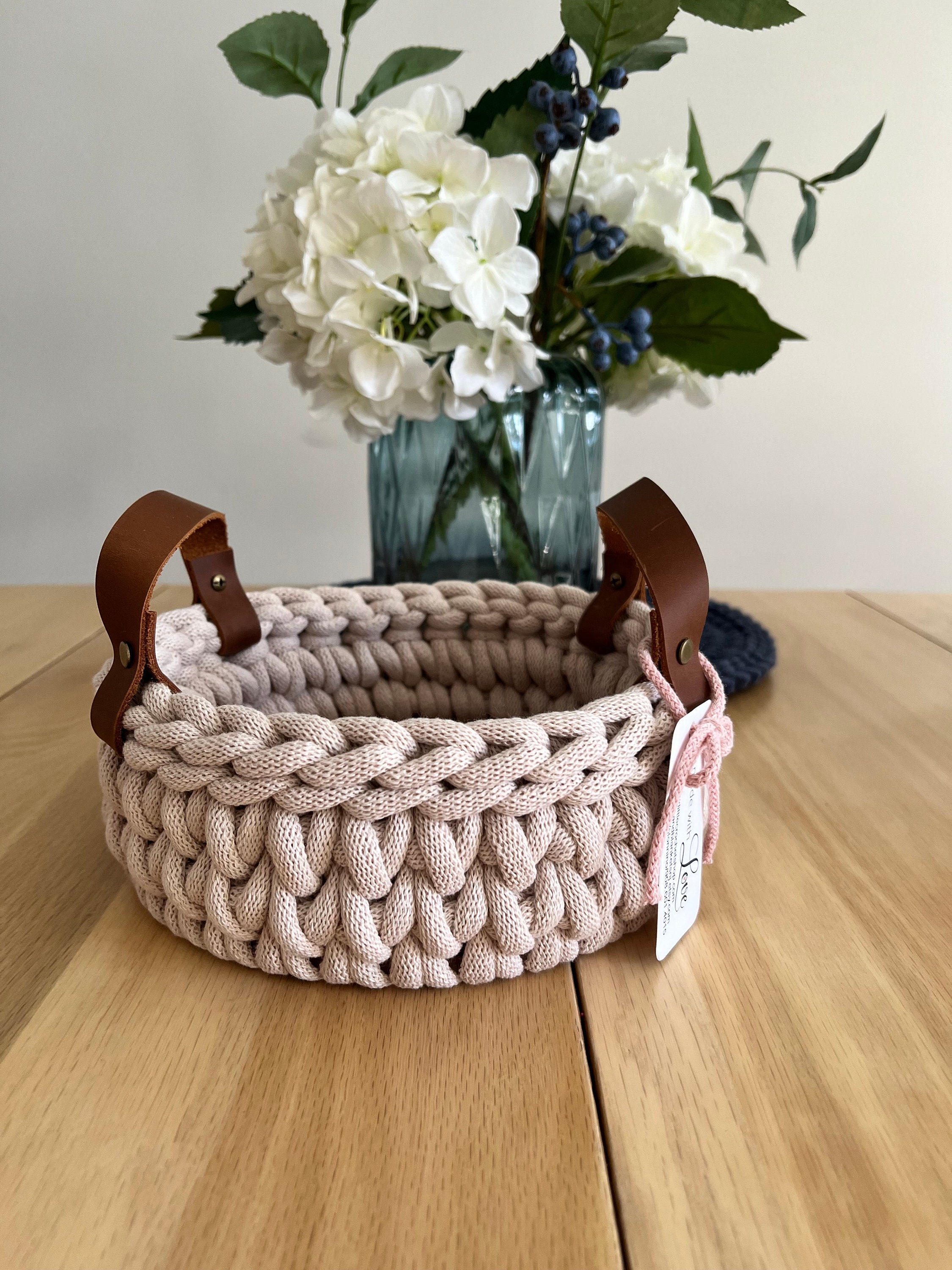 8 Handmade Chunky Crochet Basket, Round Crochet Basket, Wood Bottom Basket, Leather Handle