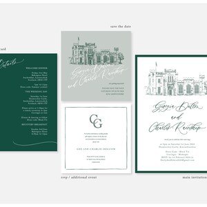 Bloeien | Kalligrafie uitnodiging bruiloft briefpapier, aangepaste hand getrokken locatie schets & monogram initialen | Formeel, romantisch, donker saliegroen