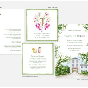 Wander | Bunt Aquarell Handgemalte Einladungen Hochzeit Papeterie | Benutzerdefinierte Veranstaltungsort-Illustration & illustriertes Blumenmonogramm-Wappen-Monogramm