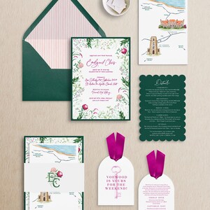 Personalisierte Hochzeitseinladung: Handgezeichnete Landkarten Wappen und Veranstaltungsort-Illustrationen, Scribbly, Aquarell, Romantische Hochzeiten