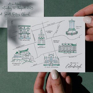 Aangepast ontwerp trouwkaart, digitaal ontwerp van insteekkaart met routebeschrijving, met op maat gemaakte, handgetekende locatieillustraties, tekeningen, doe-het-zelfuitnodigingen