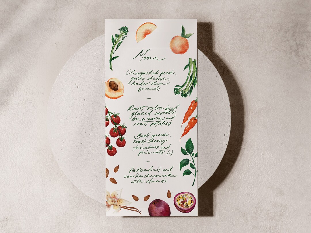 Custom Wedding Menu Design, Illustrated Watercolour Food/drinks Menu ...