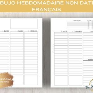 May include: A printable A5 weekly planner in French. The planner has a simple design with lines for each day of the week. The planner includes a habit tracker and a space for notes. The text on the planner says "Début du lundi et début du dimanche inclus" which translates to "Start of Monday and start of Sunday included".