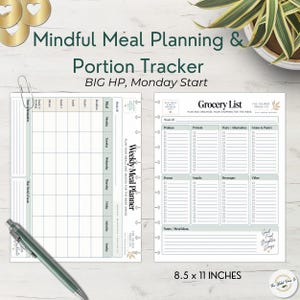 May include: A white paper meal planner and grocery list set measuring 8.5 x 11 inches. The planner features a weekly grid with columns for meals and snacks, while the grocery list includes categorized sections for produce, protein, and dairy.