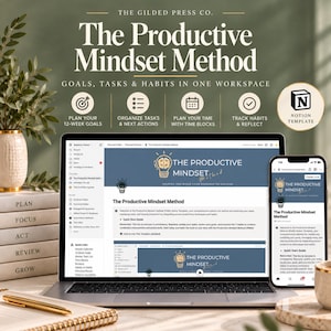 May include: A Notion template titled The Productive Mindset Method displayed on a laptop and smartphone screen. The interface features sections for goals, tasks, and habits, with a brain icon logo and text detailing a 12-week planning system.
