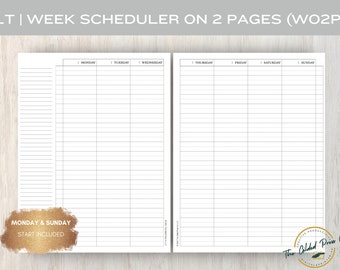 May include: A printable weekly planner with a simple design. The planner is divided into seven columns for each day of the week, with lines for writing in appointments and tasks. The planner is designed to be printed on two pages, with Monday and Sunday on the first page and the rest of the week on the second page.