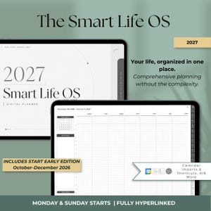 May include: A digital planner titled The Smart Life OS 2027 displayed on two tablet screens. One screen shows the cover page, while the other displays a weekly grid layout with a calendar, hourly schedule, and tabs for navigation and organisation.