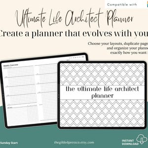 Ultimate Life Architect Digital Planner PDF - Semi-linked, non daté, compatible GoodNotes et iPad (paysage, début du lundi + dimanche)