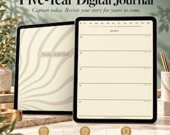 May include: A digital five-year journal displayed on two tablets. The left screen shows a cream cover with beige wavy lines and the text Daily Journal. The right screen shows a January 1 daily entry page with lines for five years.
