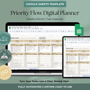 May include: A digital planner displayed on a laptop and tablet. The planner, titled "Priority Flow Digital Planner," is a weekly task organizer. The image includes text that reads "Beginner Friendly," "How to Use Instructions," and "Unlimited Lifetime." The text "Turn Your Tasks Into a Clear Weekly Plan" is also visible.
