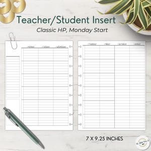 Puede incluir: Insertos de planificador blancos con inicio el lunes, con un diseño semanal con columnas para cada día. El texto "Teacher/Student Insert" y "Classic HP, Monday Start" es visible. Los insertos miden 17,78 x 23,5 cm.