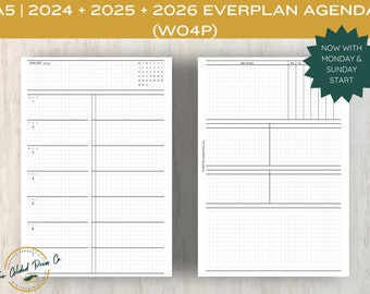 May include: An A5 printable planner agenda for 2024, 2025, and 2026. The agenda is designed with a weekly layout and includes a calendar overview. The text "NOW WITH MONDAY & SUNDAY START" is printed in the top right corner.