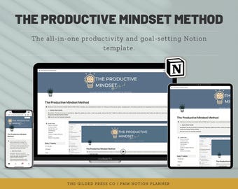 May include: A screenshot of a Notion template called "The Productive Mindset Method" with a blue background and a lightbulb icon. The template is designed to help users with productivity and goal setting.