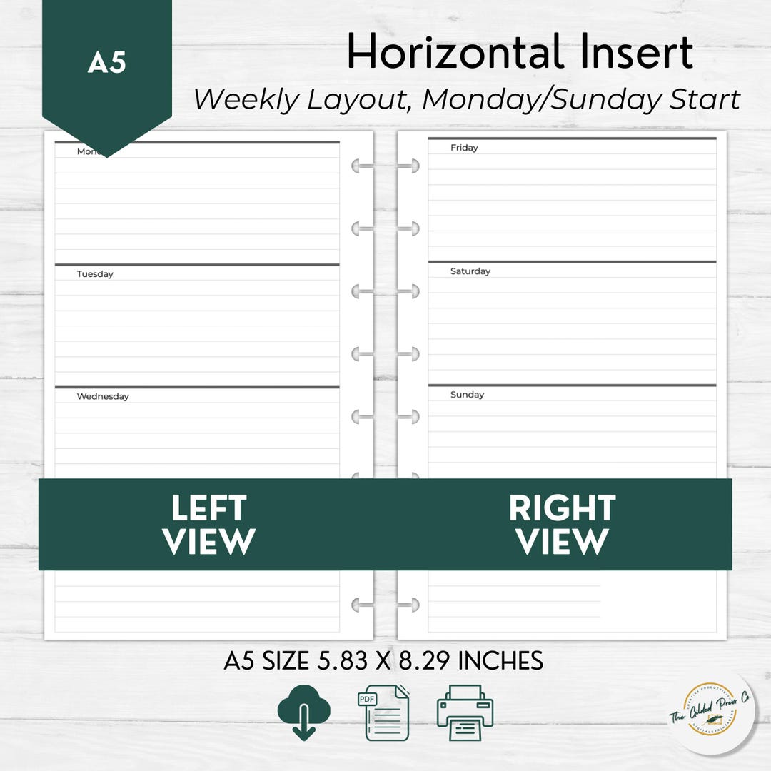 A5 Weekly Planner Inserts Printable | Horizontal Weekly Layout | Monday ...
