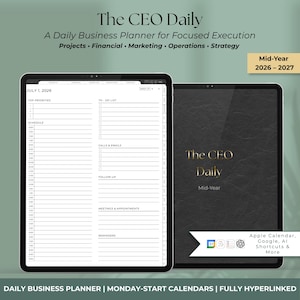 May include: A digital business planner titled The CEO Daily, A Daily Business Planner for Focused Execution, Mid-Year 2026-2027. The interface displays a daily schedule for 1 July 2026, with sections for priorities, to-do lists, and meetings.