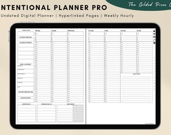 May include: A digital planner on a tablet screen with a weekly hourly schedule, a section for monthly and weekly goals, and a habit tracker. The planner is undated and has hyperlinked pages.