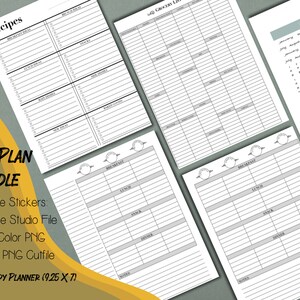 May include: A printable meal planner bundle for the Classic Happy Planner (9.25 x 7 inches) with a black and white design. The bundle includes a grocery list, recipe pages, and meal planning pages with sections for breakfast, lunch, snack, dinner, and notes.