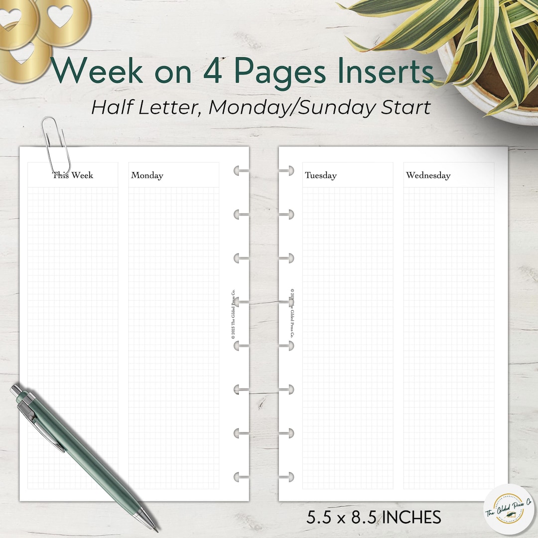Half Letter Week on 4 Pages Printable | WO4P Planner Insert | Undated ...