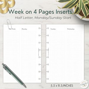 Half Letter Week on 4 Pages Printable | WO4P Planner Insert | Undated Weekly Planner | Discbound Half Letter | Monthly Planner Pages