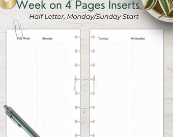 Half Letter Week on 4 Pages Printable | WO4P Planner Insert | Undated Weekly Planner | Discbound Half Letter | Monthly Planner Pages